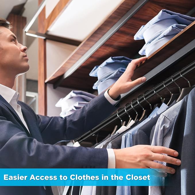 INFLATION Closet Rod With Hangers Adjustable Width (15-50 Inch) Tension for Hanging Clothes Rack, 35 Inch Height, Elegant Black Hanging Closet Organizer for Women, Men and Kids