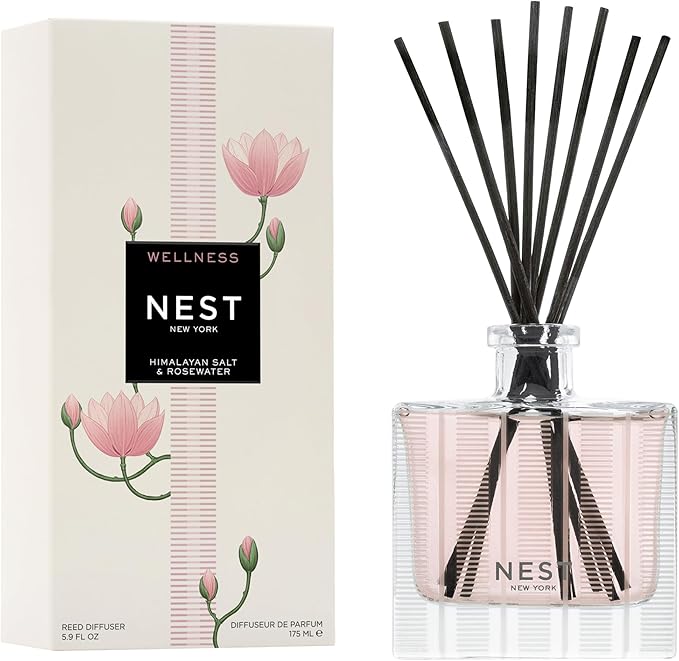 NEST New York Reed Diffuser, Himalayan Salt & Rosewater - The Wellness Collection - 5.9 fl oz - Fragrance for Up to 90 Days - Reusable, Refillable Glass Holder - Includes 8 All-Natural Reed Sticks