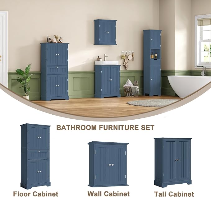 ChooChoo 51" H Tall Bathroom Floor Cabinet, Modern Bathroom Storage Cabinet with Drawer and Adjustable Shelves, Freestanding Kitchen Pantry Cupboard with 4 Doors for Living Room, Blue