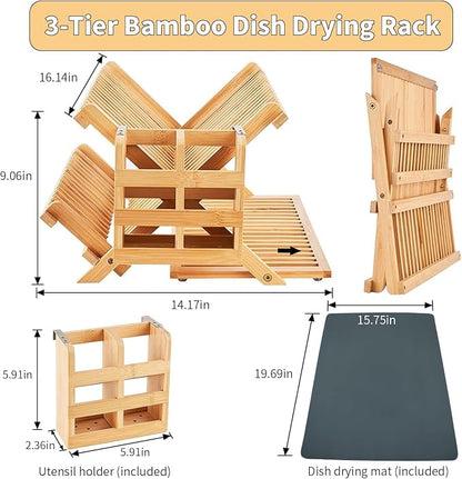YZHDUXIU Bamboo Dish Drying Rack with Utensil Holder, 3 Tier Collapsible Dish Rack, Large Dish Racks for Kitchen Counter, Wooden Folding Dish Drainer with Dish Drying Mat (3 Tier (with Drying Mat))