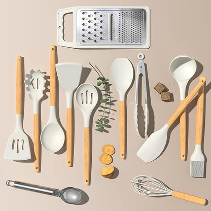 Umite Chef Silicone Kitchen Utensil Set, 34PCS Heat Resistant Kitchen Gadgets and Tools With Grater, Cream White Wood Handles for Nonstick Cookware