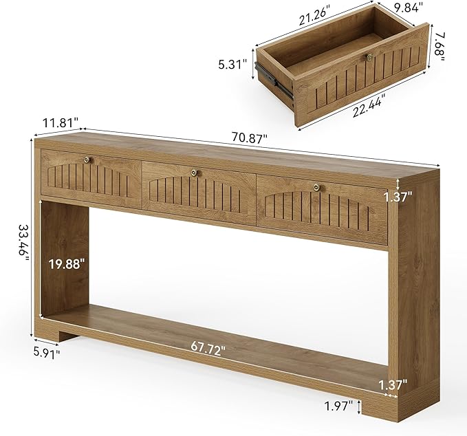 LITTLE TREE 70.8-Inch Long Console Table with 3 Drawers, Farmhouse Narrow Entryway Table for Hallway, Entry, Behind Couch, Sofa, Entrance, Living Room, Foyer with 2-Tier Shelves, Light Brown
