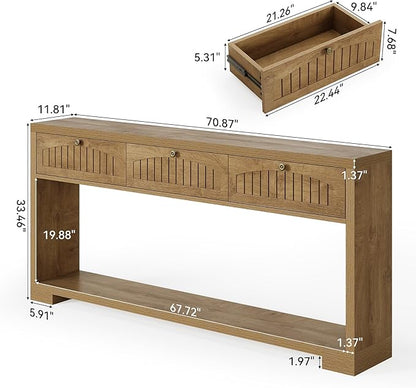LITTLE TREE 70.8-Inch Long Console Table with 3 Drawers, Farmhouse Narrow Entryway Table for Hallway, Entry, Behind Couch, Sofa, Entrance, Living Room, Foyer with 2-Tier Shelves, Light Brown