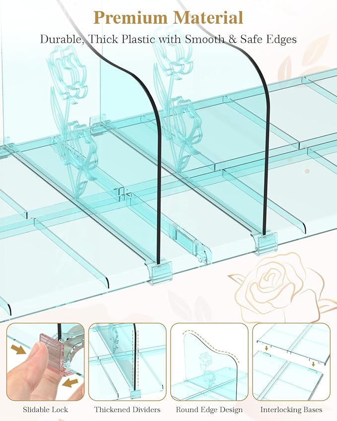 Rose Purse Dividers for Closet, 2 Pack Clear Clutch Purse Closet Organizers, Adjustable Handbag Storage Organizers, Plastic Bookshelf Separator Dividers for Bedroom Office
