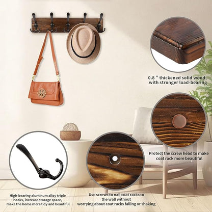Coat Rack Wall Mount 16.8'' Rustic Hat Rack with 5 Triple Hooks Coat Hooks Wall Mount Farmhouse Wall Hooks for Hanging Coat, Bags, Towels