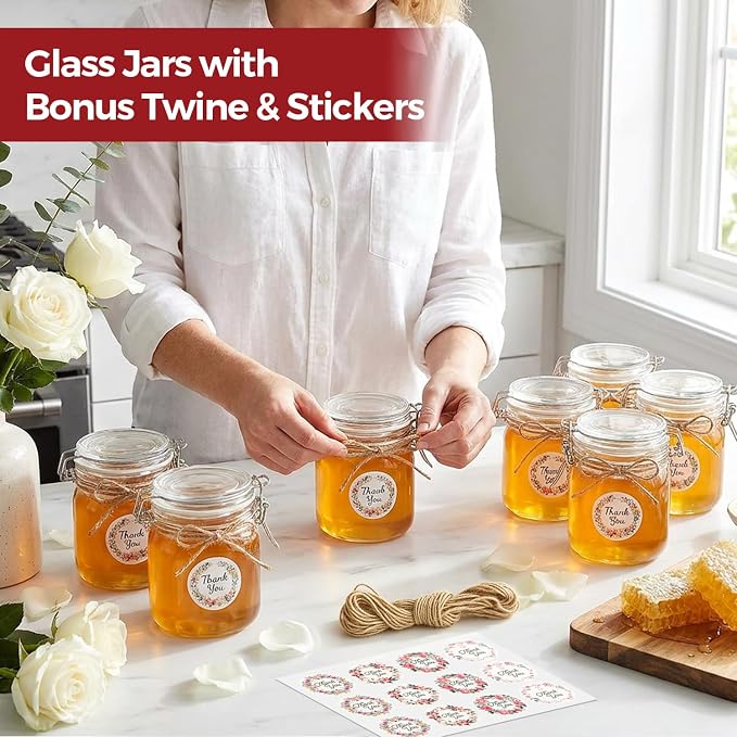 17oz Overnight Oats Containers, Glass Jars with Airtight Lids（Set of 6）,3.3in Wide Mouth Straight-Sided Canisters with Gift Labels & Hemp Rope for Meal Prep, Dry Food Storage & On-the-Go
