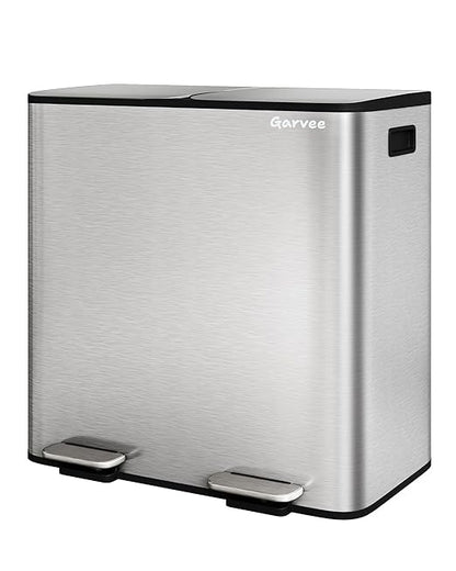 Garvee Double Trash Can, 2 x 10.6 gal (2 x 40 L) Garbage Can for Kitchen Dual Compartment Recycling Kitchen Step Trash Bin, Stainless Steel Trash and Recycle Bin Combo with Soft-Close Lid,Silver