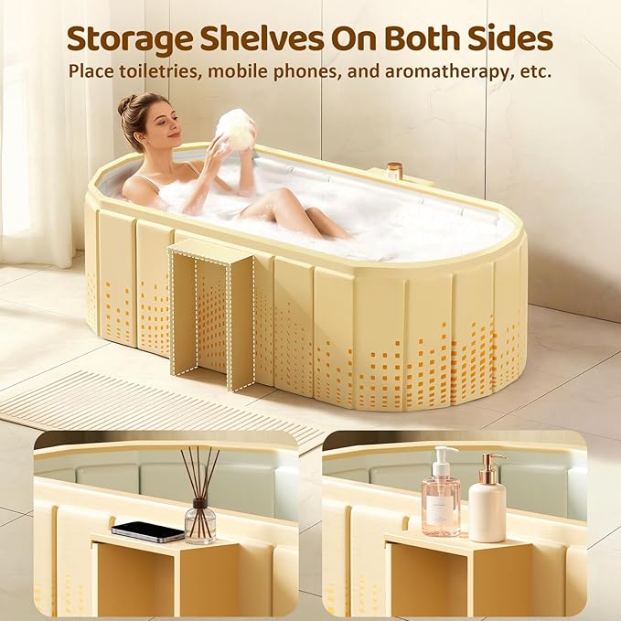 Portable Foldable Bathtub, Freestanding Bathtub No Installation, Bathroom SPA Soaking Bath Tub, Shower Stall Collapsible Hot & Ice Bath Tub (Yellow with Storage Rack, 59"L x 21.6"W x 19.6"H)