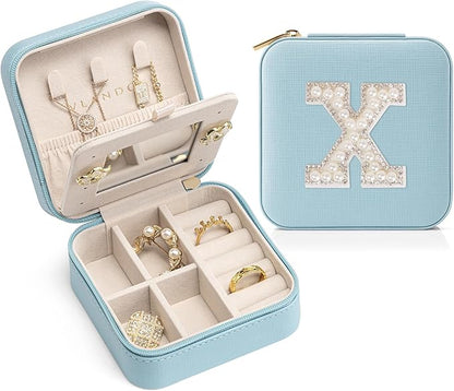 Vlando Travel Jewelry Box for Women and Girls - W Initial Small Case, Letter X, Blue - Gifts