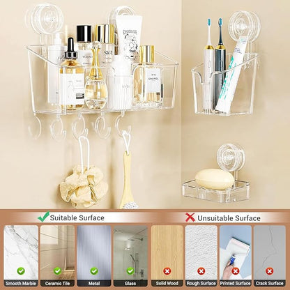 LUXEAR Suction Cup Shower Caddy Clear - Shower Caddy+Soap Dish+Toothbrush Holder - 1 Second Installation NO-Drilling Removable Powerful Waterproof Shower Organizer for inside Shower Bathroom