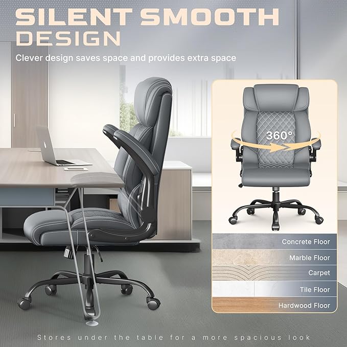 Office Chair-Executive High Back Breathable Comfy Desk Chair with Flip-up Armrests Lumbar Support-Ergonomic Leather Rolling Swivel Chair with Rock Function for Working Studying Gaming