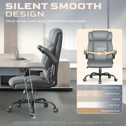 Office Chair-Executive High Back Breathable Comfy Desk Chair with Flip-up Armrests Lumbar Support-Ergonomic Leather Rolling Swivel Chair with Rock Function for Working Studying Gaming