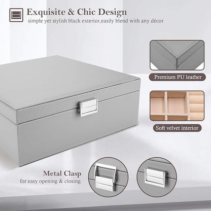 ProCase Jewelry Box for Women, 2 Layers Large Leather Jewelry Organizer Storage Case with Removable Pad for Earrings -Grey