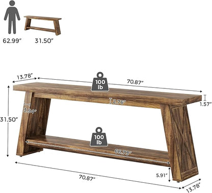 70.87-Inch Console Table for Entyrway, Extra Long Sofa Table Behind Couch, Farmhouse 2-Tier Entry Table for Hallway, Foyer, Rustic Brown