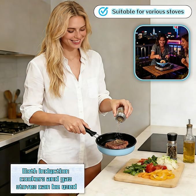 4.7 Inch Mini Frying Pan, Black Non-Stick Egg Pan with Hanging Hole, Flat Bottom Design for Gas, Induction, Electric Stove, Perfect for Single Serve Breakfast, Omelets & Camping, RV Use (Blue)