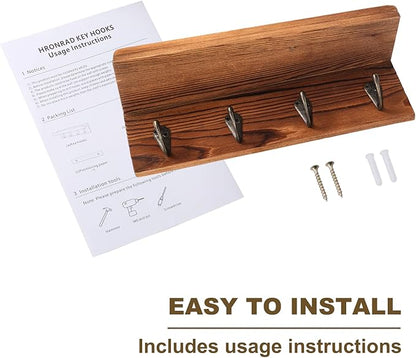 Rustic Key Holder for Wall, Farmhouse Wall Shelf with 4 Hooks, Wall Mounted Key Racks, Wooden Mail Organizer with Hooks for Entryway (Brown - Pine)
