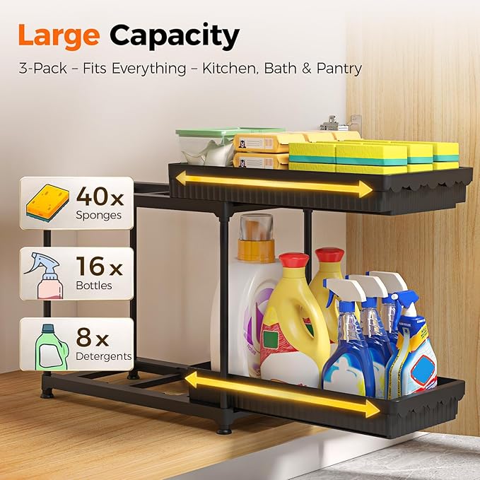 Sevenblue 3 Pack Under Sink Organizer, 2 Tier Pull Out Bathroom Cabinet Organizer, Multi-Purpose Storage Shelf for Kitchen (2-Tier Sliding, 12.8 Inch)