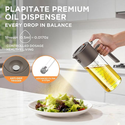 17oz/500ml Premium Olive Oil Sprayer for Cooking, 2 in 1 Glass Olive Oil Dispenser Bottle for Kitchen Gadgets, Spray Bottle with Portion Control for Salad, Frying, BBQ (Gray)