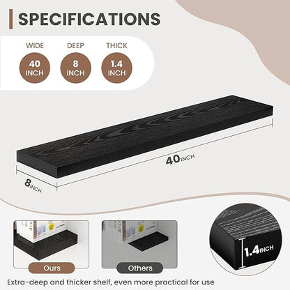 Acovy 40 Inch Floating Shelves, 8 Inch Deep Floating Shelves for Wall, Hanging Shelf with Invisible Brackets, Deep Shelves for Bathroom, Bedroom, Living Room, Black, Set of 2