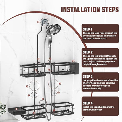 REINHARDT Adjustable Shower Caddy Hanging Rustproof Shower Caddy for Handheld Showerheads, Shower Organizer with Hooks Soap Holder Toothbrush Holder, Anti-Swing Shower Rack Bathroom Accessories, Black