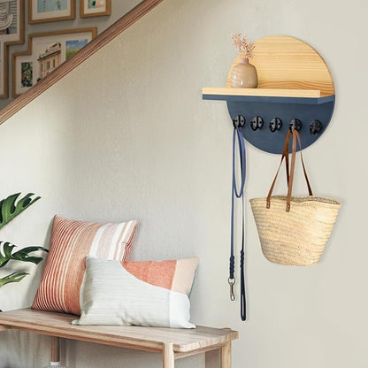 Blue Key Holder for Wall with Shelf - Wood Mail Organizer and Rack with Shelf Hooks Wall Mounted for Entryway Decor Magazines Letter Storage Farmhouse Living Room Bedroom Doorway