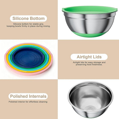 20-Piece Mixing Bowls Set with Airtight Lids – 6 Stainless Steel Kitchen Bowls (4.5QT, 4QT, 3.5QT, 2.1QT, 1.5QT, 1.1QT), 3 Grater Attachments, Non-Slip Silicone Bottoms, Perfect for Baking & Serving
