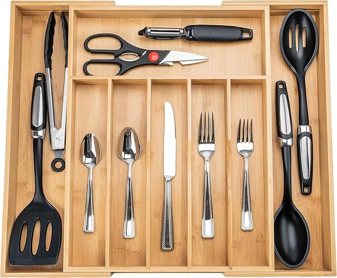 Bamboo Kitchen Utensil Drawer Organizer for Silverware | 100% Natural Expandable 14-20 Inch Kitchen Drawer Organizers for Utensils | Non-Slip Base | Screwed Joints for Long-Lasting Durability