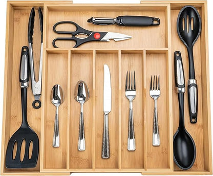Bamboo Kitchen Utensil Drawer Organizer for Silverware | 100% Natural Expandable 14-20 Inch Kitchen Drawer Organizers for Utensils | Non-Slip Base | Screwed Joints for Long-Lasting Durability