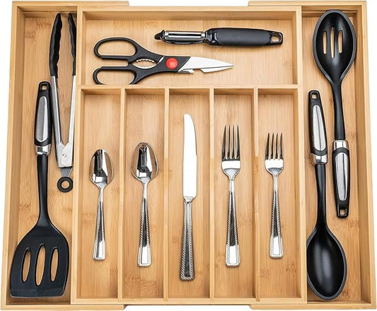 Bamboo Kitchen Utensil Drawer Organizer for Silverware | 100% Natural Expandable 14-20 Inch Kitchen Drawer Organizers for Utensils | Non-Slip Base | Screwed Joints for Long-Lasting Durability