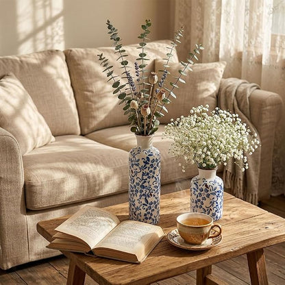 Chinoiserie Decor Ceramic Vases Set - 3 Blue and White Vase, Chinoiserie Vase Farmhouse Country, Flower Vases Home Decor, Living Room Decoration, Entrance, Fireplace, Table Decoration, Centerpieces