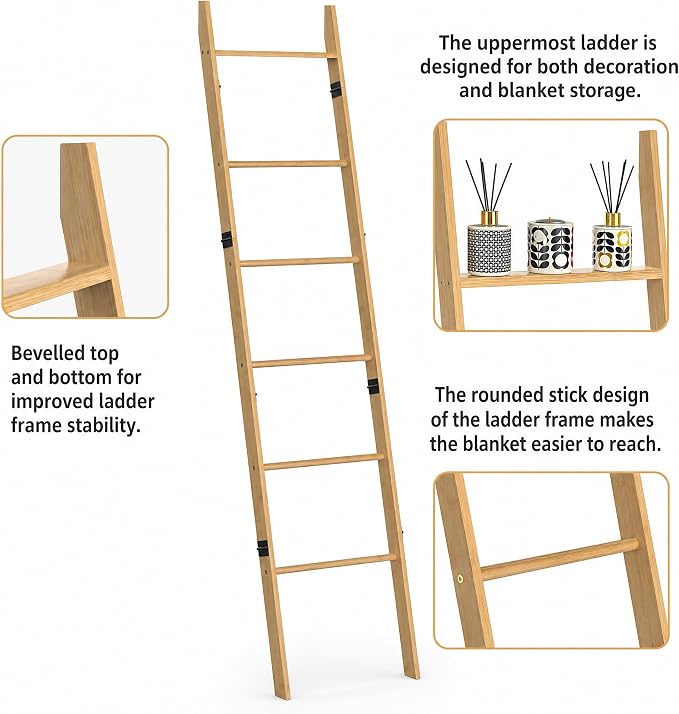 6 Tier Blanket Ladder with Shelf, Wooden Blanket Rack for Living Room, Leaning Towel Ladder Rack for Bedroom, Bathroom, Quilts, Throws, Towels and Farmhouse Décor