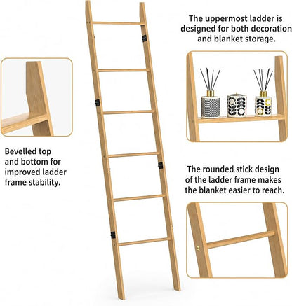 6 Tier Blanket Ladder with Shelf, Wooden Blanket Rack for Living Room, Leaning Towel Ladder Rack for Bedroom, Bathroom, Quilts, Throws, Towels and Farmhouse Décor