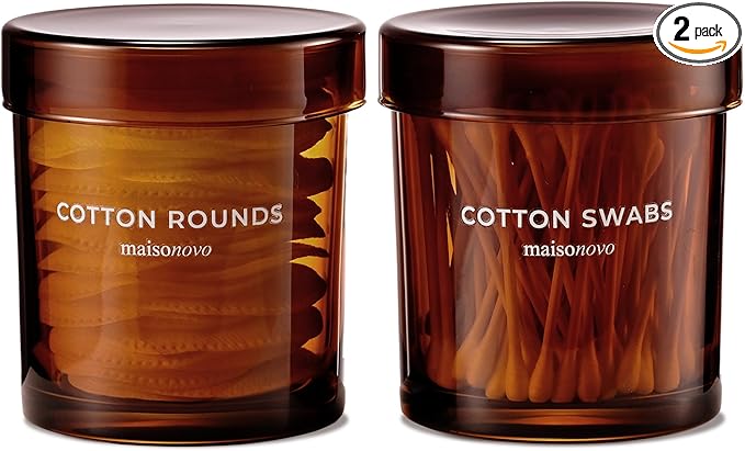 Maisonovo Glass Bathroom Containers with Lids (Airtight) - Qtip Holder - Apothecary Jars for Cotton Rounds, Swabs, Balls, Pads - Amber Q Tip Dispenser - 2 pcs Bathroom Canisters Set for Organization