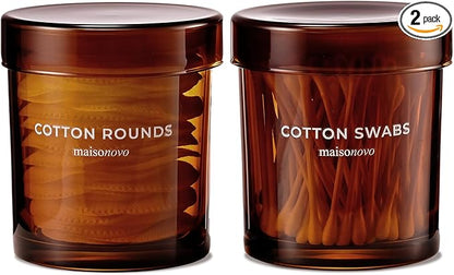 Maisonovo Glass Bathroom Containers with Lids (Airtight) - Qtip Holder - Apothecary Jars for Cotton Rounds, Swabs, Balls, Pads - Amber Q Tip Dispenser - 2 pcs Bathroom Canisters Set for Organization