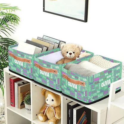 Custom Small Storage Basket Name, Mint Green Rectangular Storage Bins with Handles Organizing Boys Girls Pets Toys Clothes Books for Countertop Toilet Paper Basket Closet Shelf