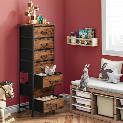 Fixwal Tall Dresser for Bedroom, Storage Dresser Organizer with 7 Fabric Drawers, Nightstand Furniture in Closet, Entryway, Hallway, Rustic Brown Wood Grain Print