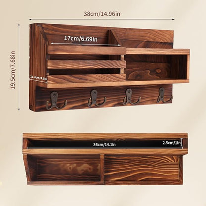 Key and Mail Holder for Wall, Mail Organizer Wall Mount with Shelf, Farmhouse Entryway Organizer for Keys, Wallet, Dog Leash, Sunglass (Brown)