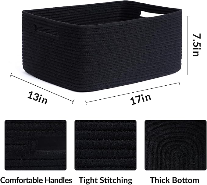 MiniArk Large Storage Baskets for Organizing, Closet Shelf Baskets for Clothes Blanket Towels, Baby Nursery, Toy Bins Box, Woven Rope Baskets, 17 x 13 x 7.5”, 4 Packs Black