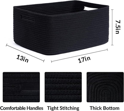 MiniArk Large Storage Baskets for Shelves, Closet Organizers Bins for Clothes Blanket Towels, Baby Nursery, Toy Baskets Box, Woven Rope Baskets, 17 x 13 x 7.5”, 2 Packs Black