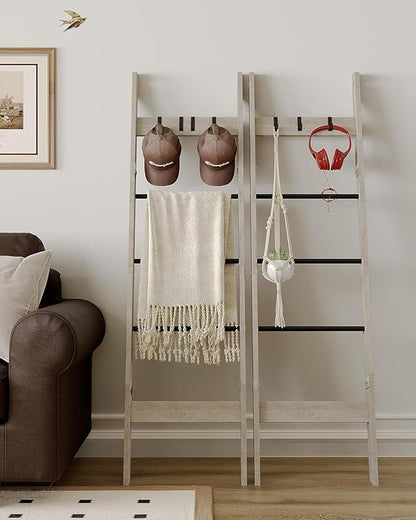 Hzuaneri Blanket Ladder for Living Room, Decorative Quilt Rack with 4 Removable Hooks, 5-Tier Farmhouse Ladder Holder Shelf Organizer for Bedroom, Greige and Black BR02105B
