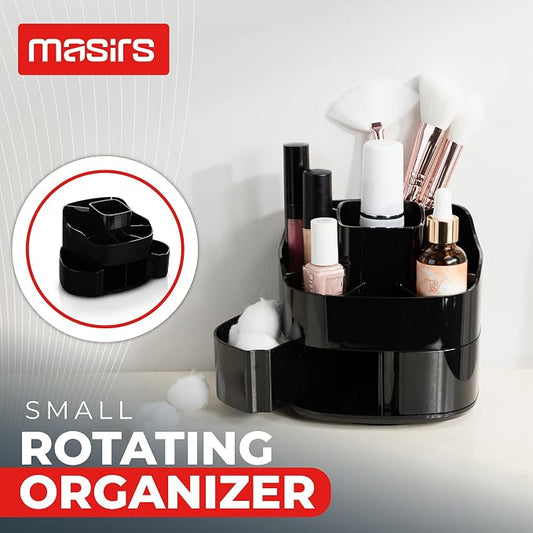 Masirs 360° Rotating Makeup Organizer for Vanity – Small Acrylic Cosmetic Storage Caddy with 5 Compartments, Mini Lazy Susan Turntable for Bathroom Counter, Skincare, Perfume, Brushes, Black