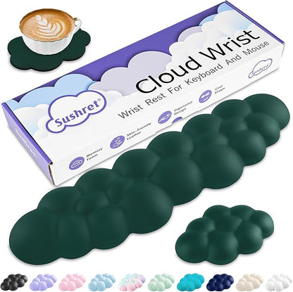 Sushret Cloud Wrist Rest Keyboard, Cloud Keyboard Wrist Pad Set with PU Leather Memory Foam, Cute Arm Rest for Palm Support, PC/Gaming Desk Accessories/Office Setup/Computer Hand Cushion - Dark Green