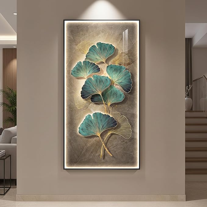 Framed Ginkgo LED Lighted Wall Art for Living Room, Large Vertical Modern Luxury Botanical Artwork for Walls, Remote Control Dimmable Backlit Wall Decor for Hallway, Entryway, Dining Room, Office