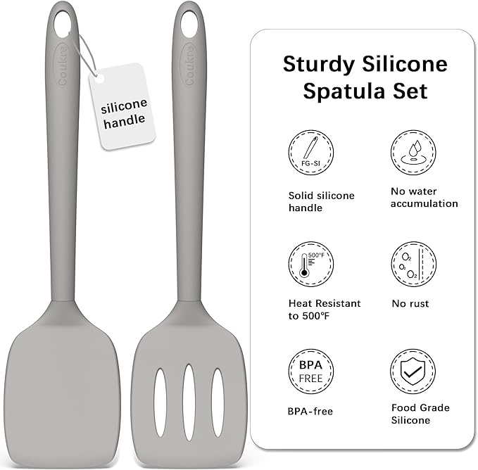 Coukre 2 Pack Silicone Spatula Set, High Heat Resistant, BPA Free Kitchen Spatula, Solid & Slotted Turner for Non-Stick Pans, Sautéing, and Flipping(2, PureGray)