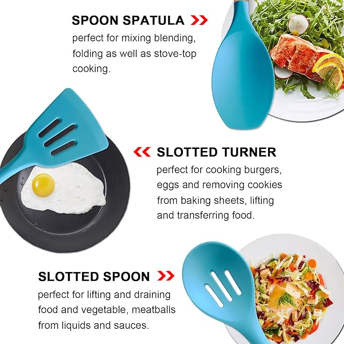 IOCBYHZ Kitchen Utensils Set 6-Piece Non-Stick Silicone Cooking Utensils Set, Wood Handle Heat Resistant Spatula Spoon Turner Ladle Pasta Server Cooking Kitchen Gadgets BPA Free for Nonstick Cookware