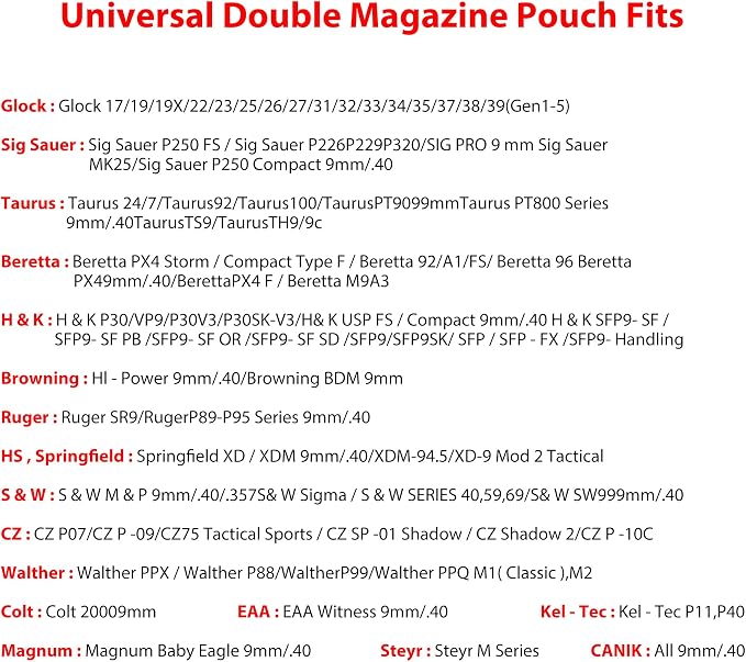 Universal Double Magazine Pouch - Dual Stack Mag Holster with Adjustable Retention for Glock, Sig Sauer, S&W, Beretta, Browning, Taurus, H&K, Springfield, Ruger Pistol Mags