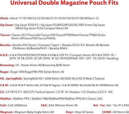 Universal Double Magazine Pouch - Dual Stack Mag Holster with Adjustable Retention for Glock, Sig Sauer, S&W, Beretta, Browning, Taurus, H&K, Springfield, Ruger Pistol Mags