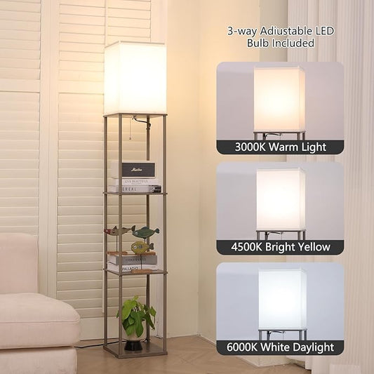 Gupuzm Floor Lamp with Shelves, Modern Square Standing Lamp with 3 Color Temperature Bulb, Corner Display Bookshelf Lamp for Living Room, Bedroom and Office （Grey）