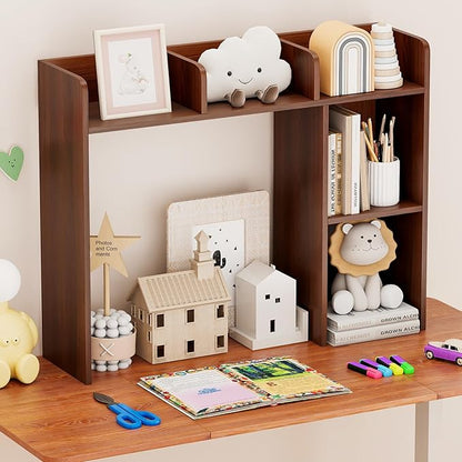 Tangkula Desktop Bookshelf, Countertop Storage Hutch with Shelves for Computer Desk, Desk 3-Tier Display Rack, Multipurpose Wood Desktop Hutch Storage Organizer for Dorm Office (Walnut,5 Shelves)