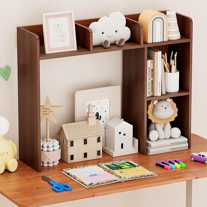 Desk Hutch, Desktop Shelf with 5 Shelves, Desk Bookshelf w/Anti-Toppling Devices, Wood Table Top Bookshelf Organizer, Small Desk Shelf for Study, Office, Dorm (Walnut, 5 Shelves)